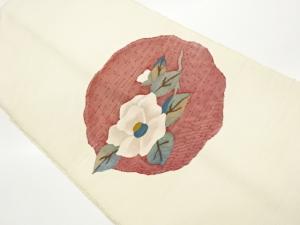 未使用品　手織り紬丸に椿模様織出し名古屋帯